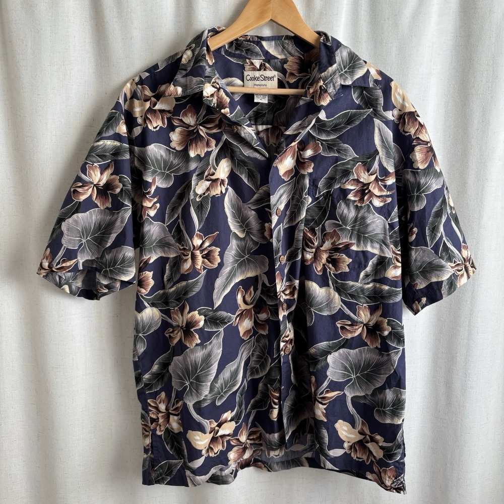 Cooke Street Navy Blue Floral Hawaiian Shirt Button Down Short Sleeve XL Men's
